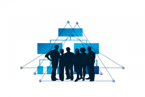 Clip art of silhouettes of a group of people standing in front of an organization chart