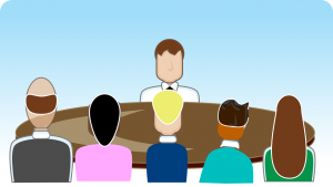 Clip art of man being interview by 5 people