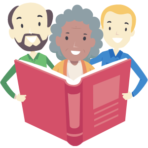 Graphic of three people holding an open book