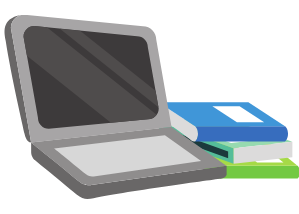 Graphic of laptop computer and three books stacked near it
